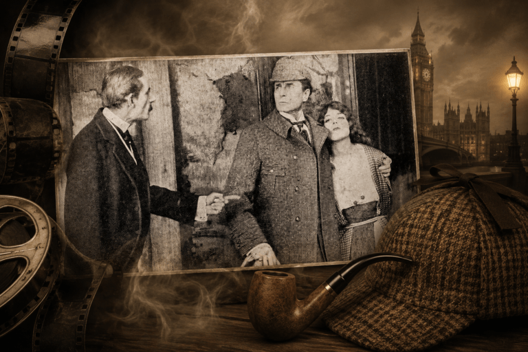 Cena do filme mudo Sherlock Holmes, de 1916, com William Gillette