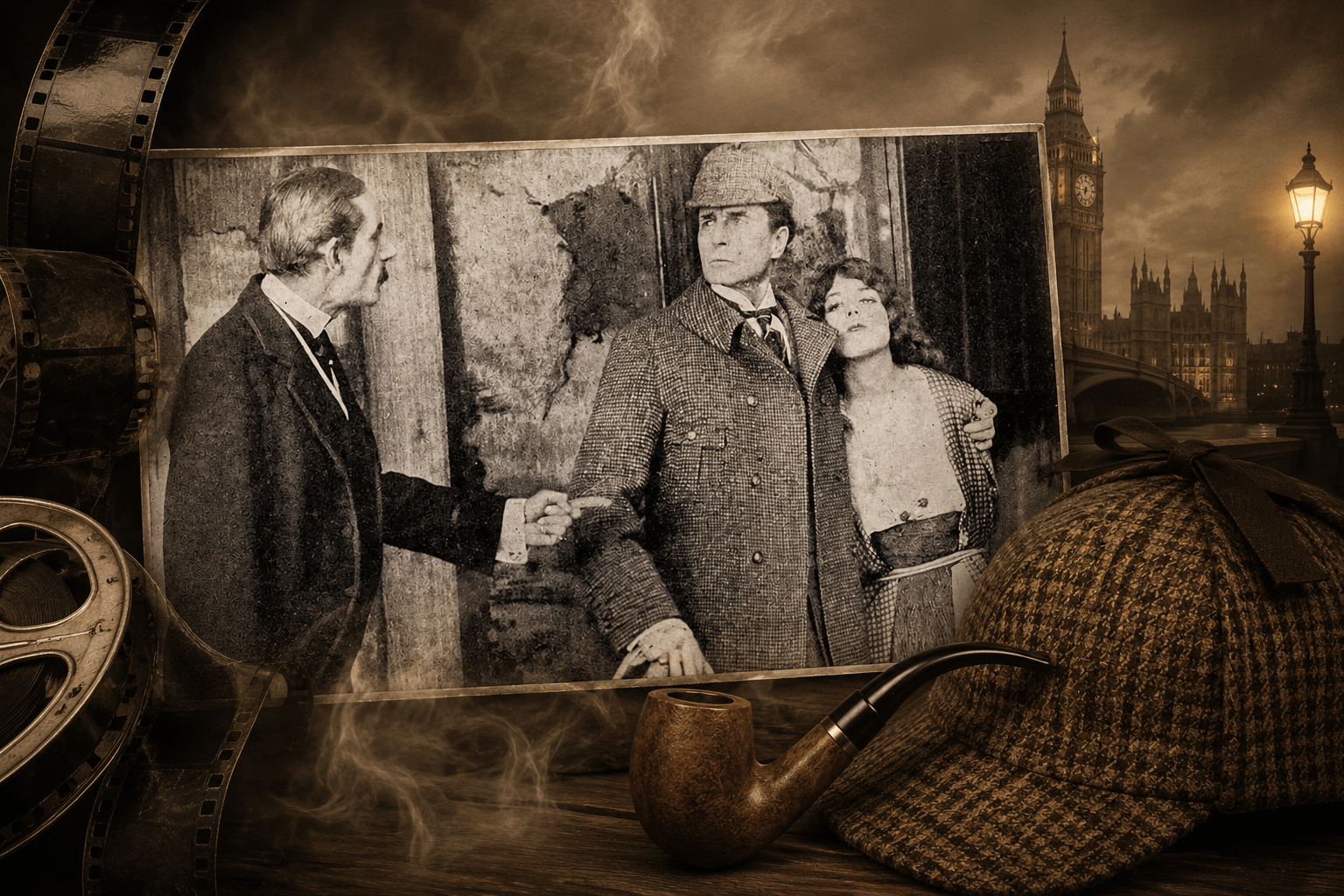 Cena do filme mudo Sherlock Holmes, de 1916, com William Gillette