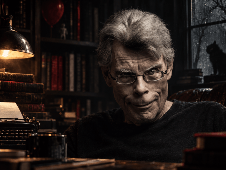 Stephen King em um ambiente sombrio, entre livros, para ilustrar os 10 livros do autor para conhecer sua obra