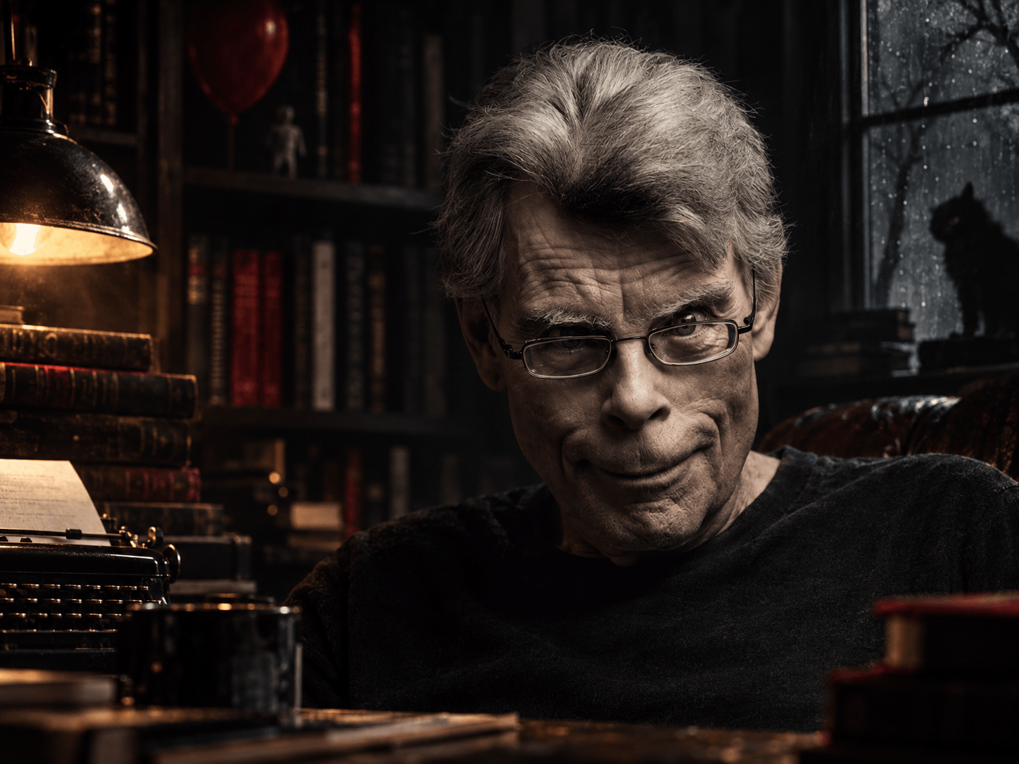 Stephen King em um ambiente sombrio, entre livros, para ilustrar os 10 livros do autor para conhecer sua obra