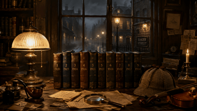 Livros de Sherlock Holmes organizados sobre uma mesa de estudos inspirada no universo criado por Arthur Conan Doyle.