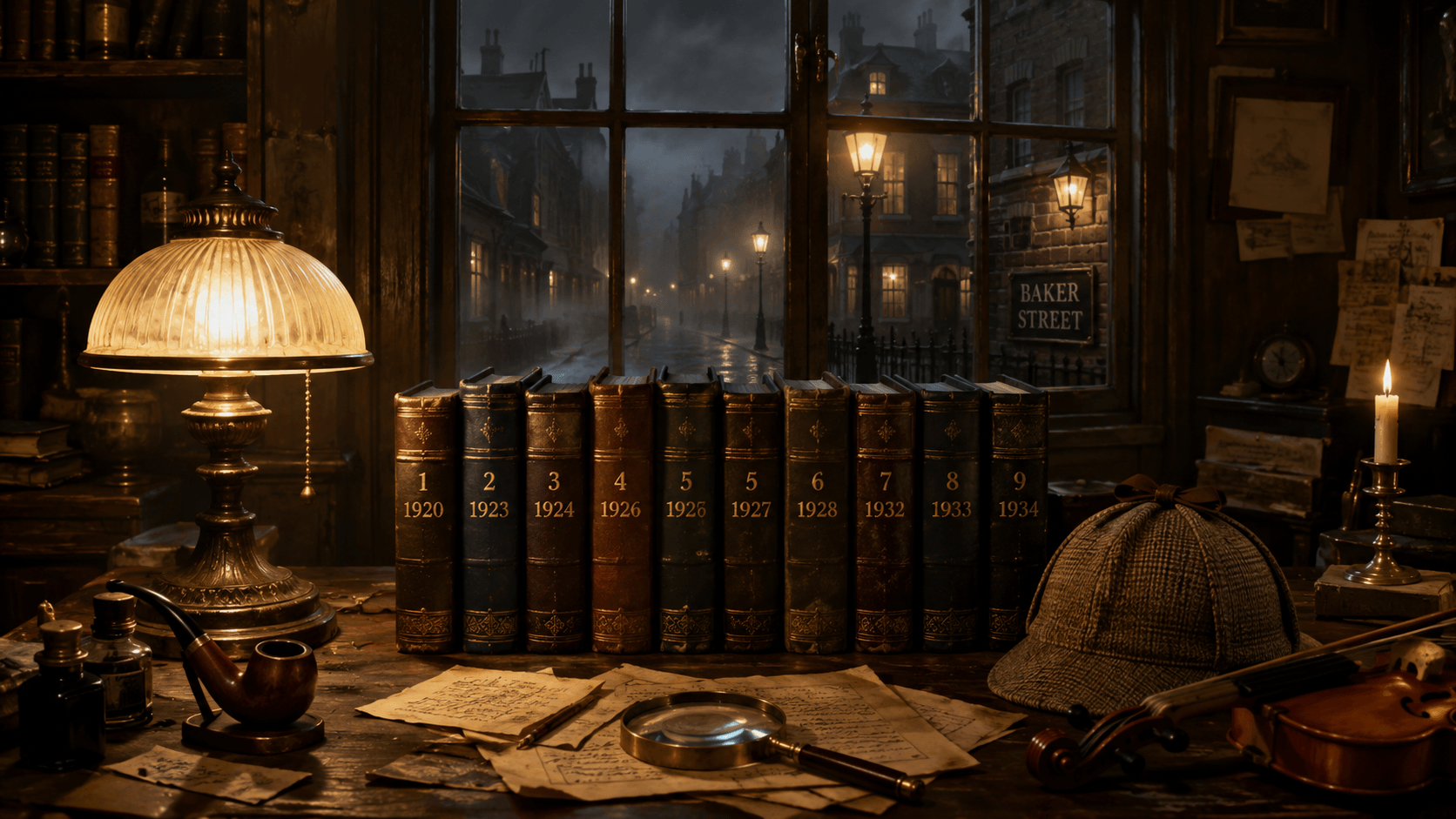 Livros de Sherlock Holmes organizados sobre uma mesa de estudos inspirada no universo criado por Arthur Conan Doyle.