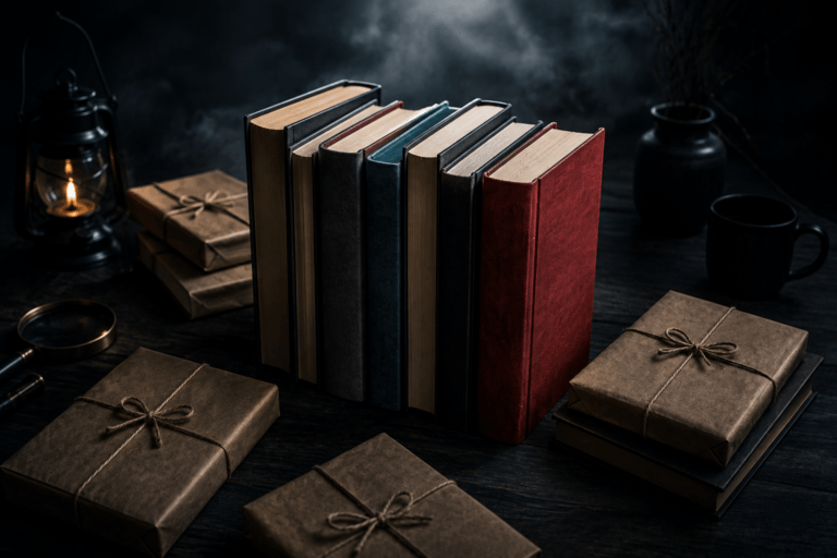 Livros de suspense representando os lançamentos de agosto de 2026 em uma composição com livros e pacotes sobre uma mesa escura.