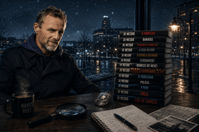 Livros de Jo Nesbø organizados em ordem de publicação sobre uma mesa de investigação com cenário inspirado no suspense nórdico e Jo Nesbo.