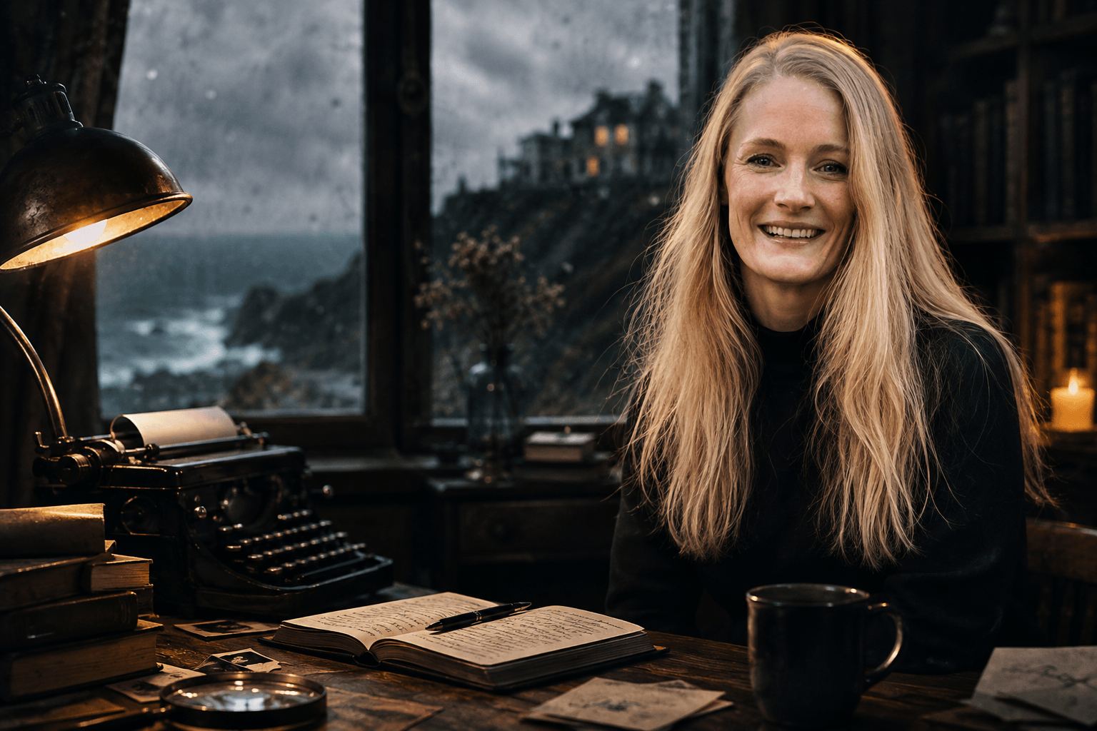 Lucy Foley ao lado de livros e cenário de suspense.